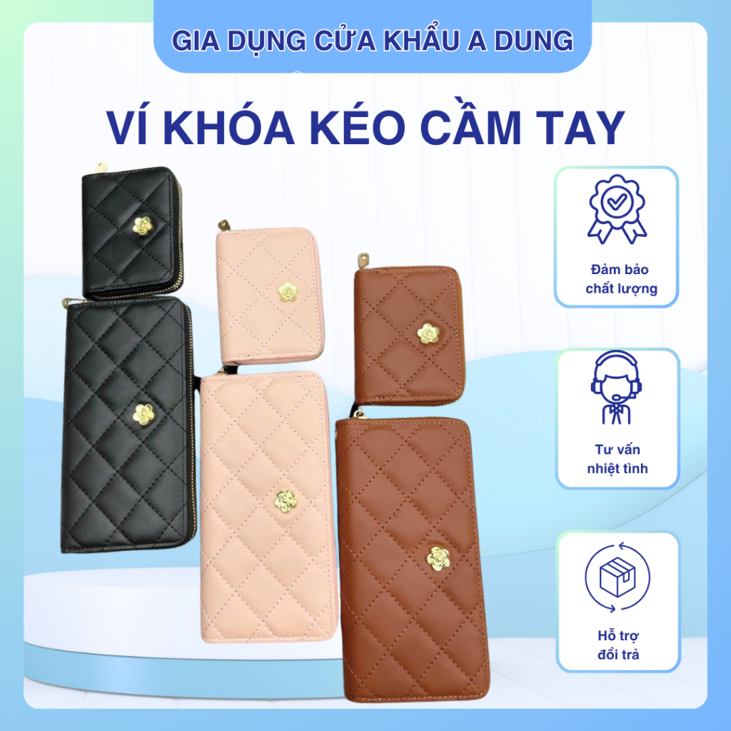 Set Ví Cầm Tay Nữ Da Mềm Họa Tiết Caro Chần Bông Sang Trọng Màu Đen Hồng Nâu