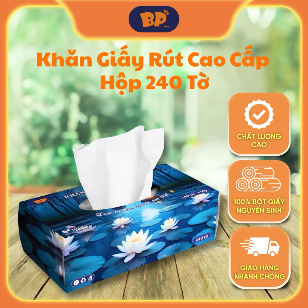[ Xanh Dương ]Khăn Giấy Rút Cao Cấp BP Tissue Hộp 240 Tờ 100% Bột Giấy Nguyên Sinh Thấm Hút Tốt An Toàn Cho Da