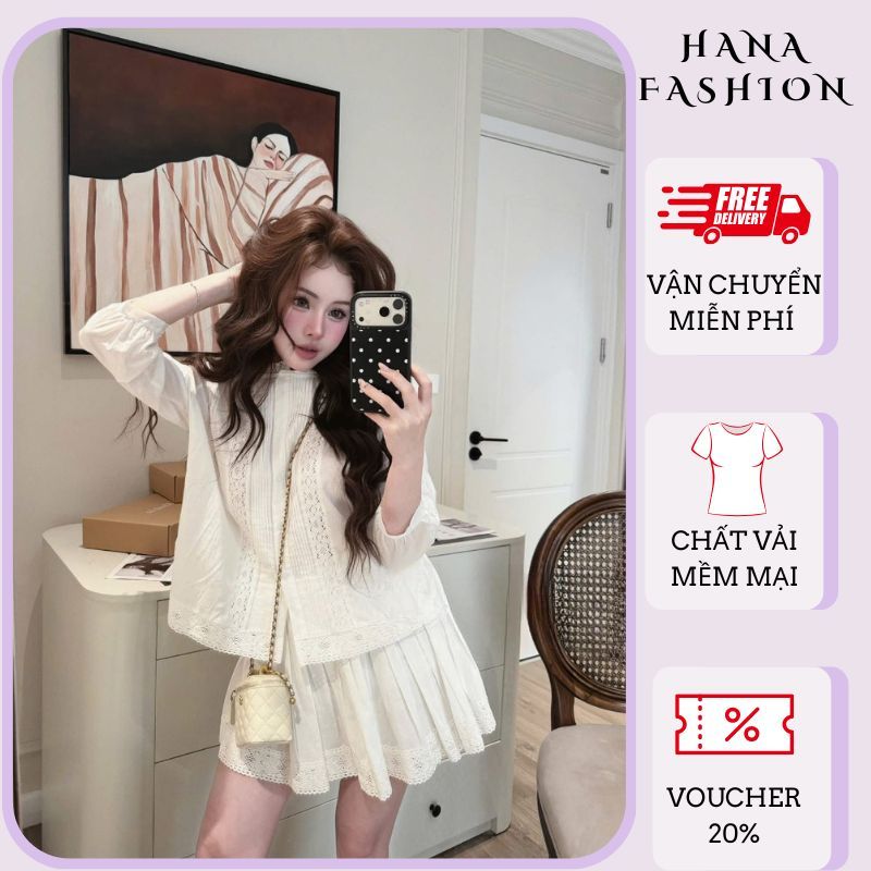 Đồ bộ nữ Hana Hcom27036, set đồ nữ áo sơ mi ren dài tay phối chân váy ngắn xòe siêu xinh