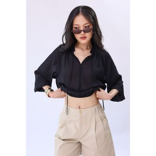 Áo Sơ Mi Voan JP FASHION Dài Tay, Vải Voan Cao Cấp Mỏng Nhẹ, Cách Điệu Tay Bồng Cổ Cột Nơ 10612074