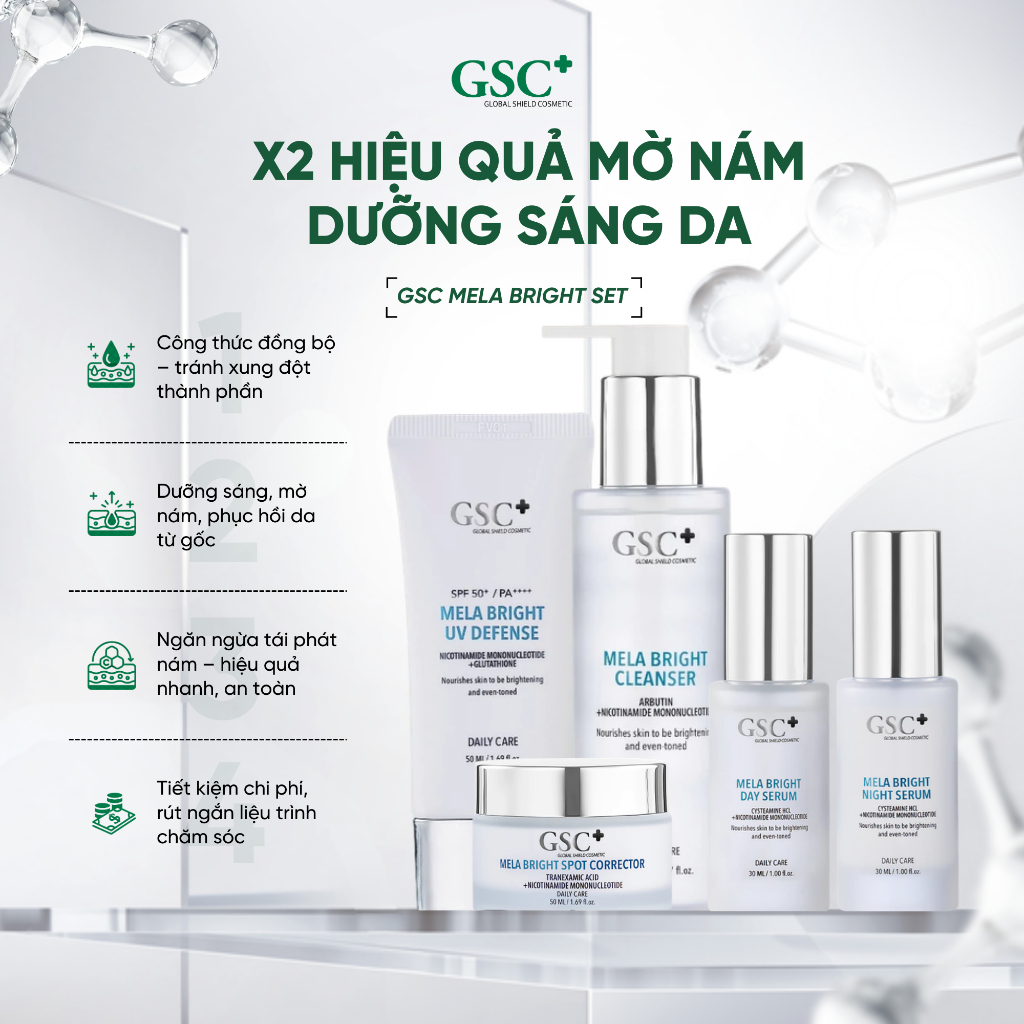 Bộ Sản Phẩm Dưỡng Sáng, Mờ Thâm Nám GSC Mela Bright gồm 5 Sản Phẩm - Ngắn Ngừa Nám Tái Phát - GC100A