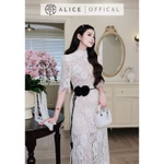 Váy Ren Nhung Cao Cấp Alice Dáng Đầm Dài Maxi Thắt Eo Cổ Lọ, Tay Lửng Ôm Sát Tăng Độ Nữ Tính V1457 — ảnh 4