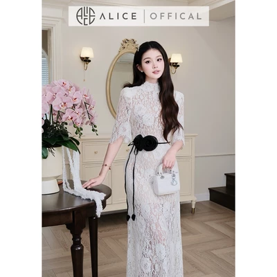 Váy Ren Nhung Cao Cấp Alice Dáng Đầm Dài Maxi Thắt Eo Cổ Lọ, Tay Lửng Ôm Sát Tăng Độ Nữ Tính V1457