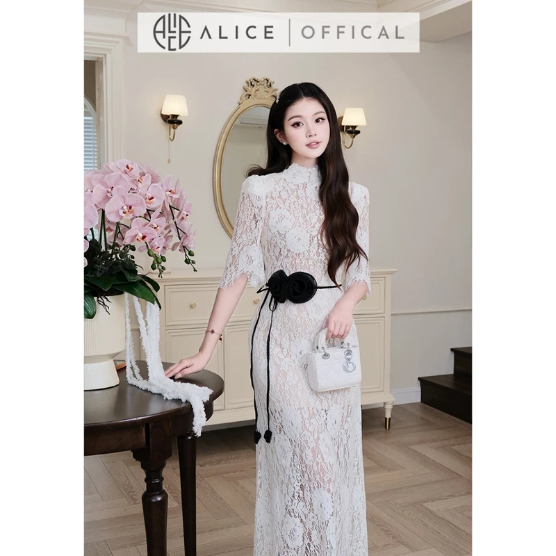 Váy Ren Nhung Cao Cấp Alice Dáng Đầm Dài Maxi Thắt Eo Cổ Lọ, Tay Lửng Ôm Sát Tăng Độ Nữ Tính V1457 — ảnh 1