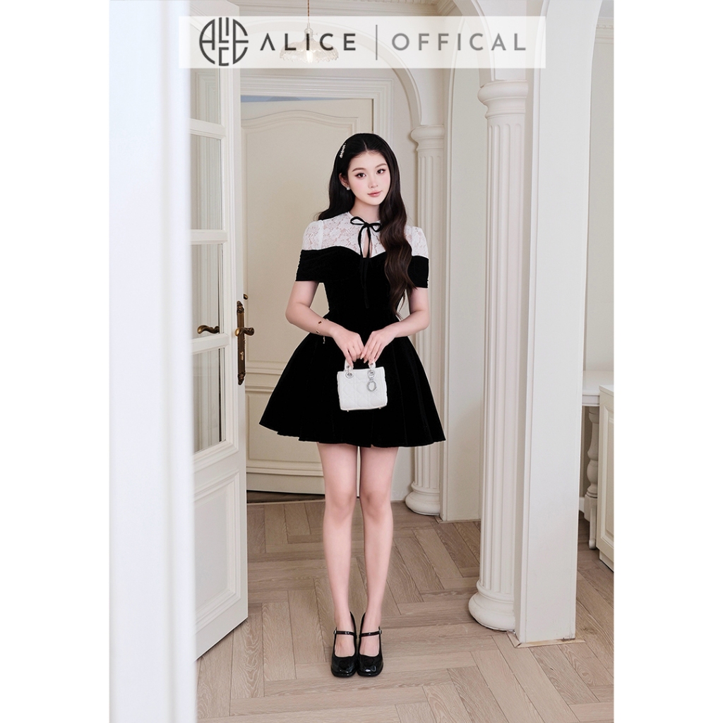 Váy Tiểu Thư Alice Chất Nhung Phối Ren Mềm, Đầm Ngắn Dáng Xòe Thắt Eo, Cổ Nơ Ngắn Tay Tinh Tế V1455