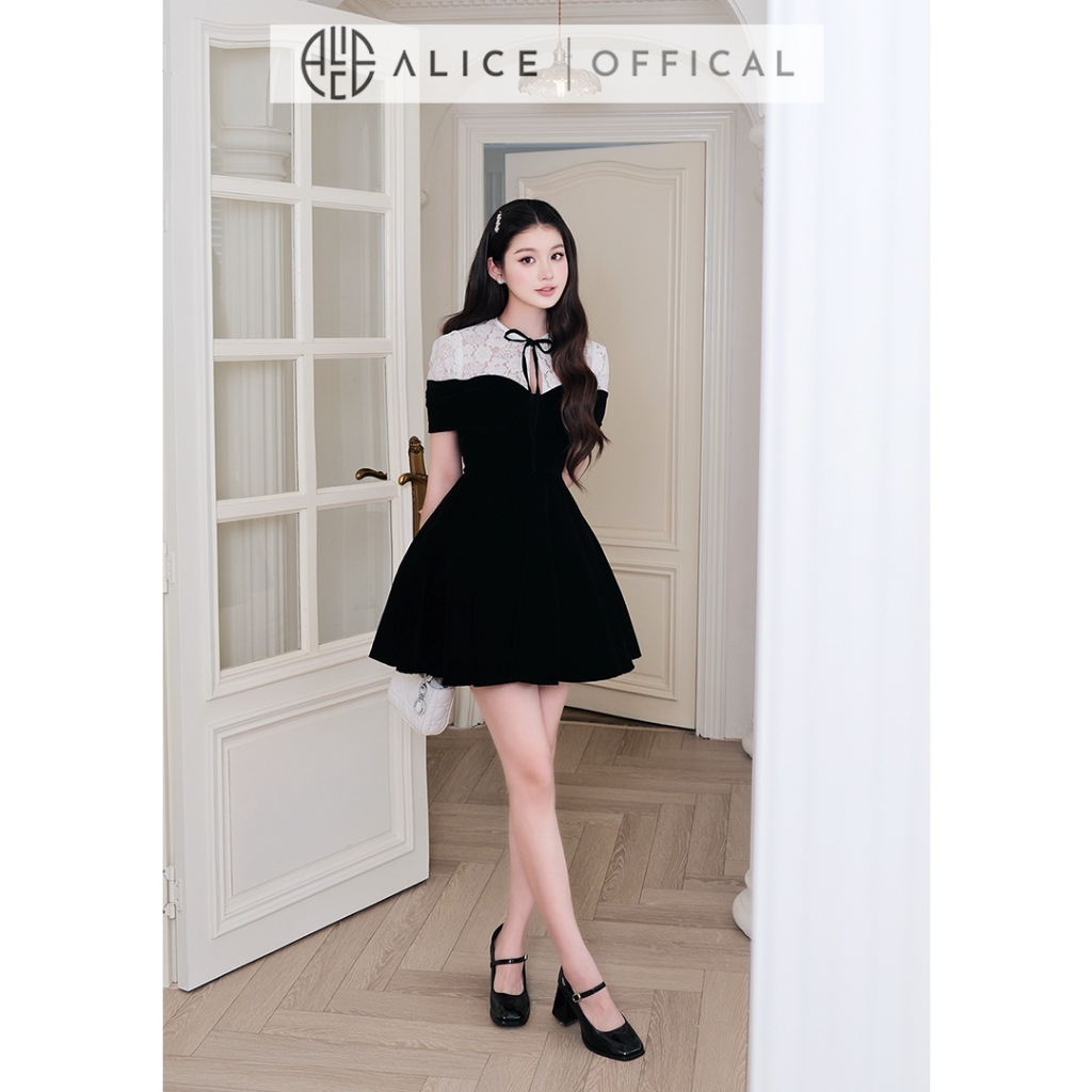 Váy Tiểu Thư Alice Chất Nhung Phối Ren Mềm, Đầm Ngắn Dáng Xòe Thắt Eo, Cổ Nơ Ngắn Tay Tinh Tế V1455