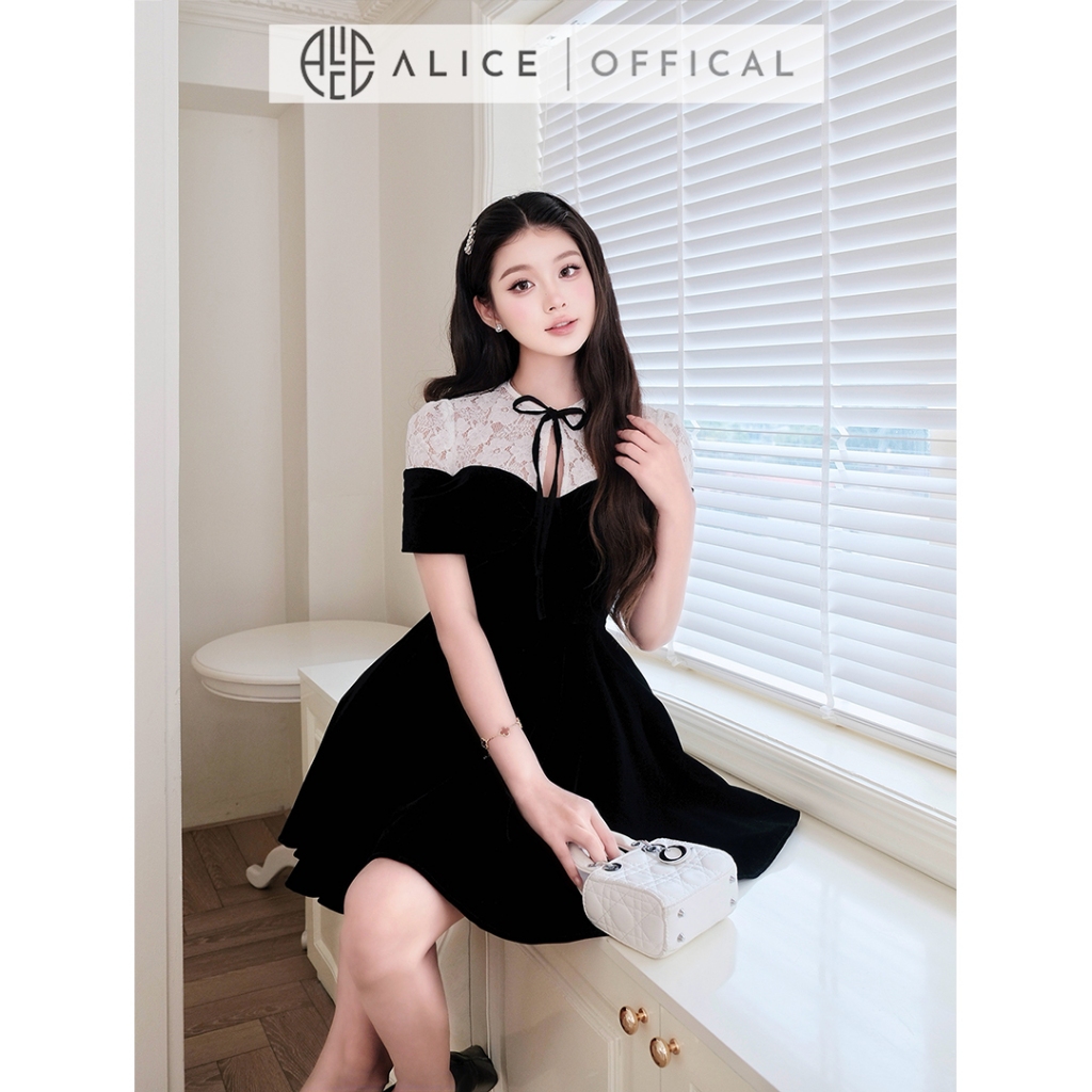 Váy Tiểu Thư Alice Chất Nhung Phối Ren Mềm, Đầm Ngắn Dáng Xòe Thắt Eo, Cổ Nơ Ngắn Tay Tinh Tế V1455