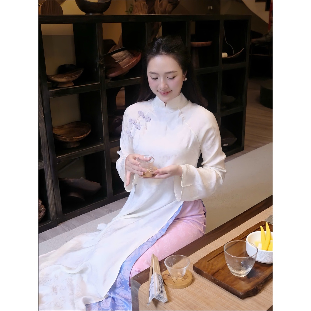 Áo Dài Nữ Trắng Truyền Thống Cách Tân Cổ Cao Áo Dài Lụa Gấm Hoa Văn Chìm Đi Sự Kiện, Chụp Ảnh T1510G