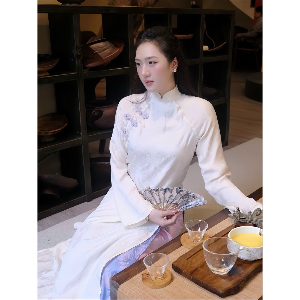 Áo Dài Nữ Trắng Truyền Thống Cách Tân Cổ Cao Áo Dài Lụa Gấm Hoa Văn Chìm Đi Sự Kiện, Chụp Ảnh T1510G