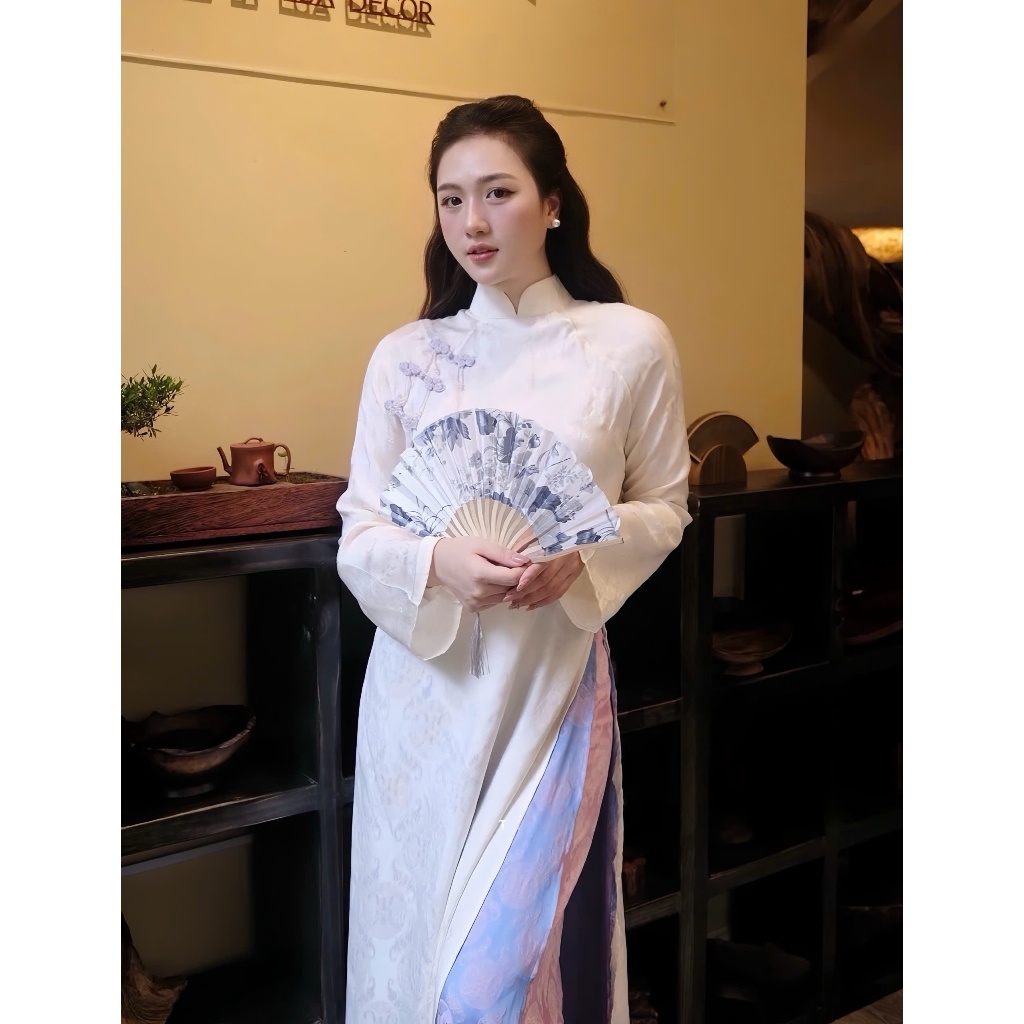 Áo Dài Nữ Trắng Truyền Thống Cách Tân Cổ Cao Áo Dài Lụa Gấm Hoa Văn Chìm Đi Sự Kiện, Chụp Ảnh T1510G