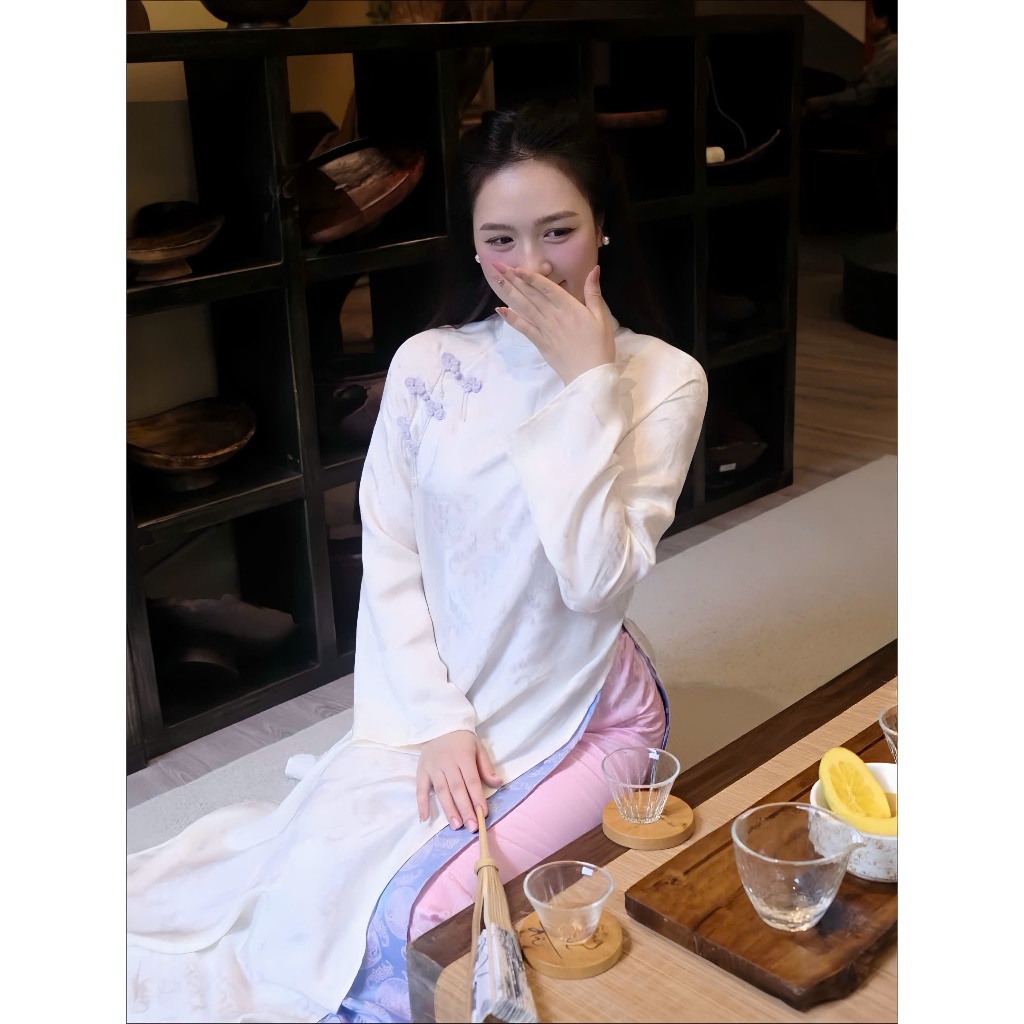 Áo Dài Nữ Trắng Truyền Thống Cách Tân Cổ Cao Áo Dài Lụa Gấm Hoa Văn Chìm Đi Sự Kiện, Chụp Ảnh T1510G