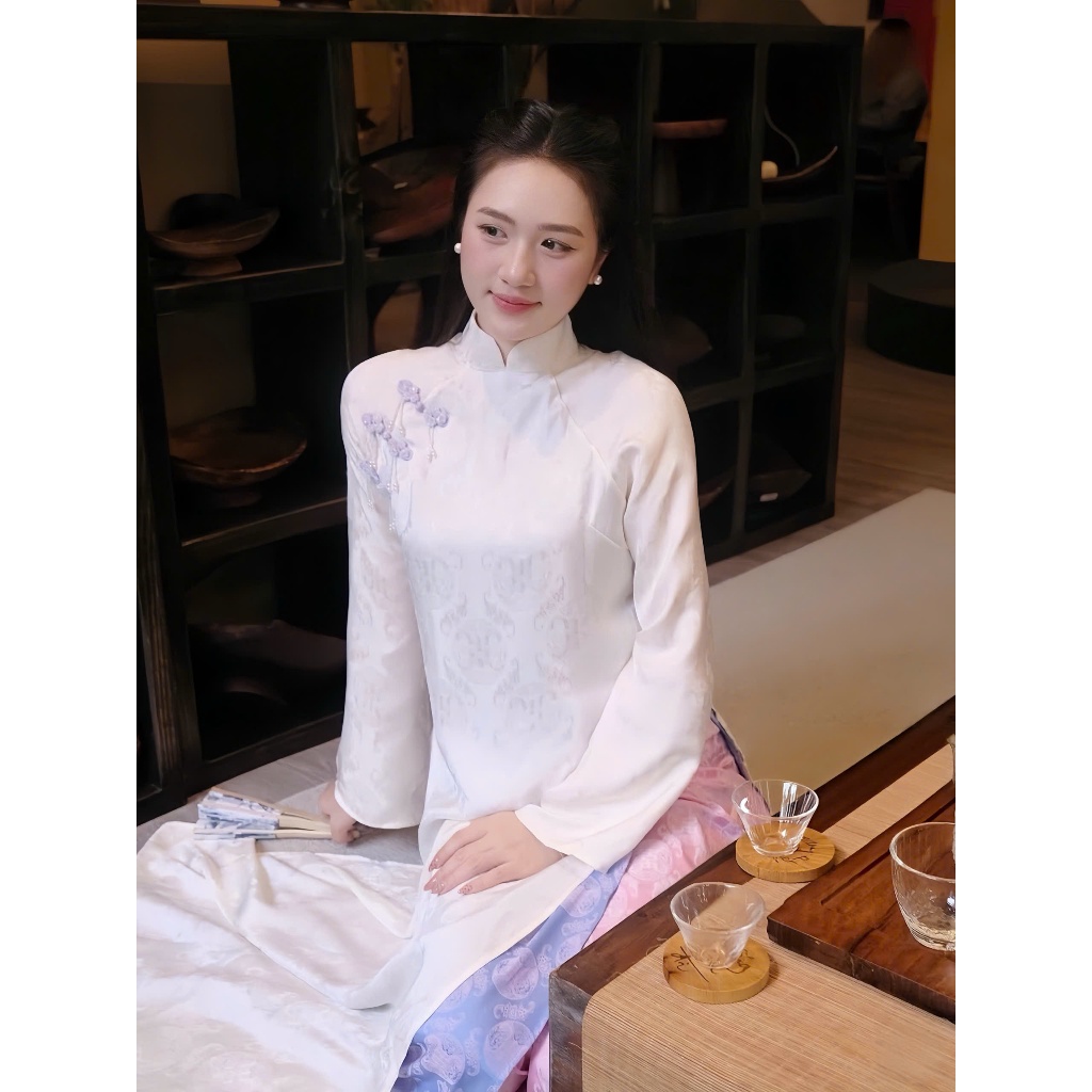 Áo Dài Nữ Trắng Truyền Thống Cách Tân Cổ Cao Áo Dài Lụa Gấm Hoa Văn Chìm Đi Sự Kiện, Chụp Ảnh T1510G