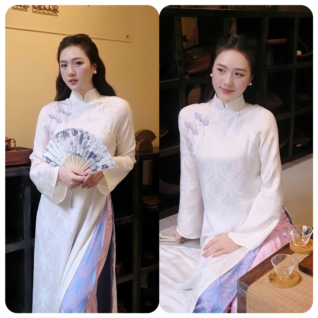 Áo Dài Nữ Trắng Truyền Thống Cách Tân Cổ Cao Áo Dài Lụa Gấm Hoa Văn Chìm Đi Sự Kiện, Chụp Ảnh T1510G