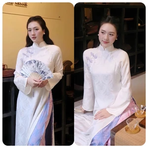 Áo Dài Nữ Trắng Truyền Thống Cách Tân Cổ Cao Áo Dài Lụa Gấm Hoa Văn Chìm Đi Sự Kiện, Chụp Ảnh T1510G