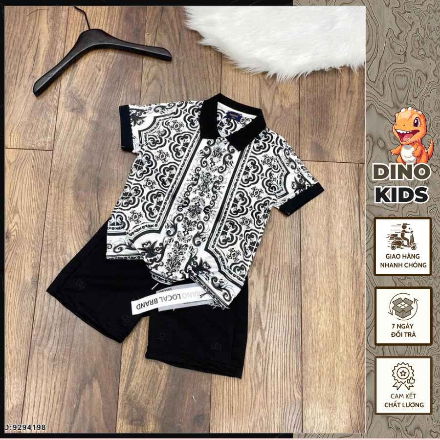 Bộ quần áo ngắn tay cho bé trai phối cổ đen họa tiết độc lạ hàng siêu đẹp-Set quần áo hè cho bé trai hàng cao cấp