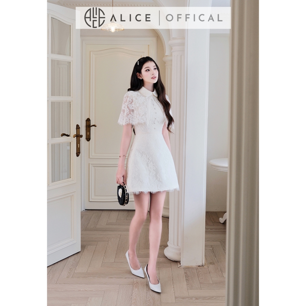 Váy Nữ Tiểu Thư Alice Chất Ren Mềm, Đầm Cổ Choàng Tiểu Thư Có Chiết Eo Form Váy Chữ A V1454
