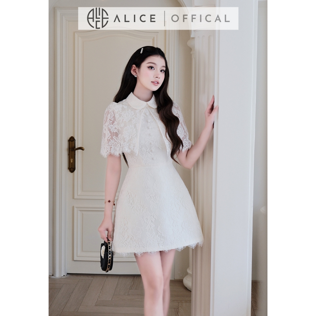 Váy Nữ Tiểu Thư Alice Chất Ren Mềm, Đầm Cổ Choàng Tiểu Thư Có Chiết Eo Form Váy Chữ A V1454