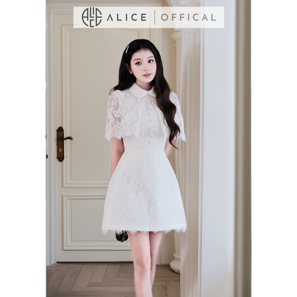 Váy Nữ Tiểu Thư Alice Chất Ren Mềm, Đầm Cổ Choàng Tiểu Thư Có Chiết Eo Form Váy Chữ A V1454