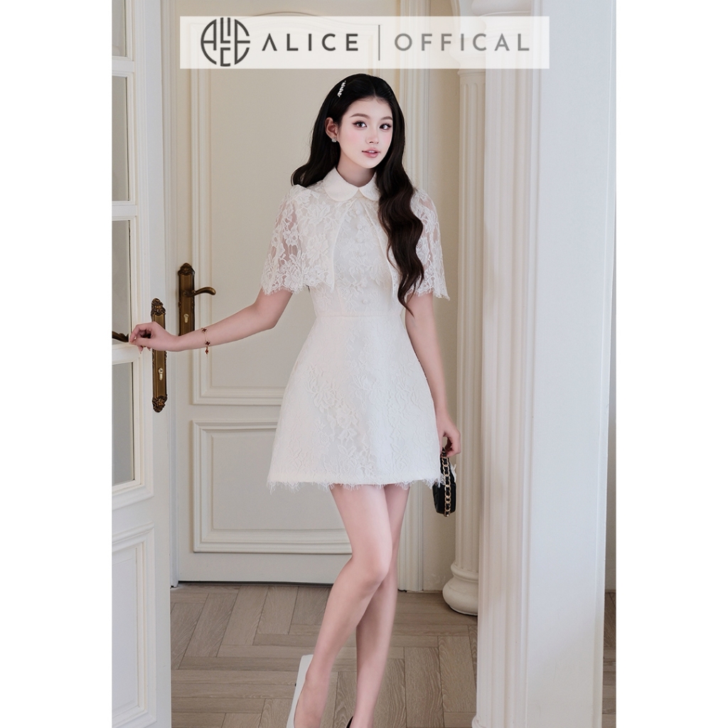 Váy Nữ Tiểu Thư Alice Chất Ren Mềm, Đầm Cổ Choàng Tiểu Thư Có Chiết Eo Form Váy Chữ A V1454