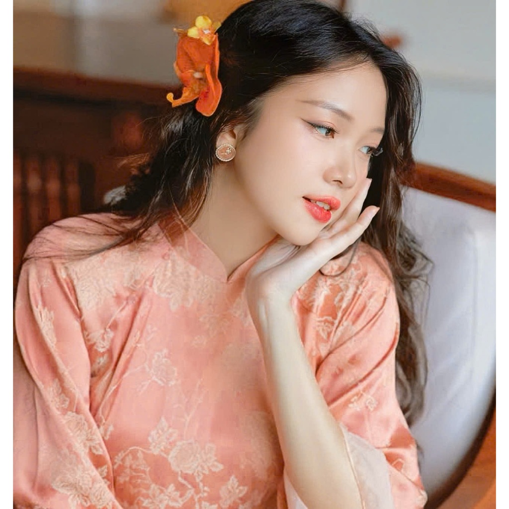 Áo Dài Cách Tân Gấm Thượng Uyển Màu Cam San Hô Phối Tay Voan Tơ Cao Cấp Set Áo Dài Nữ Dáng Suông Sang Chảnh T1516G