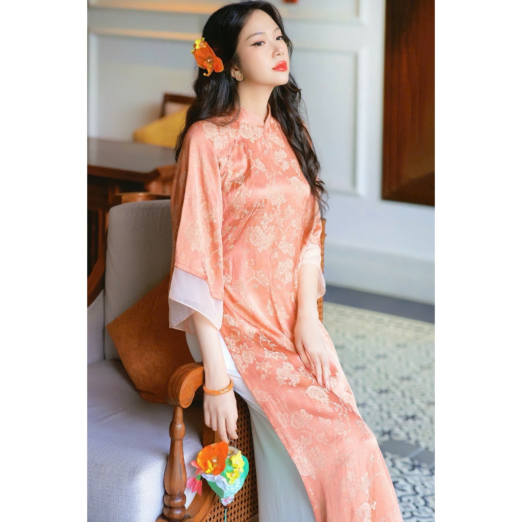 Áo Dài Cách Tân Gấm Thượng Uyển Màu Cam San Hô Phối Tay Voan Tơ Cao Cấp Set Áo Dài Nữ Dáng Suông Sang Chảnh T1516G