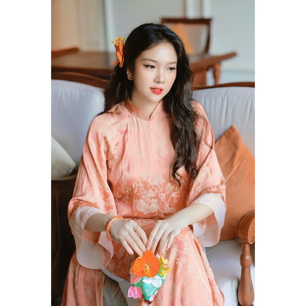 Áo Dài Cách Tân Gấm Thượng Uyển Màu Cam San Hô Phối Tay Voan Tơ Cao Cấp Set Áo Dài Nữ Dáng Suông Sang Chảnh T1516G