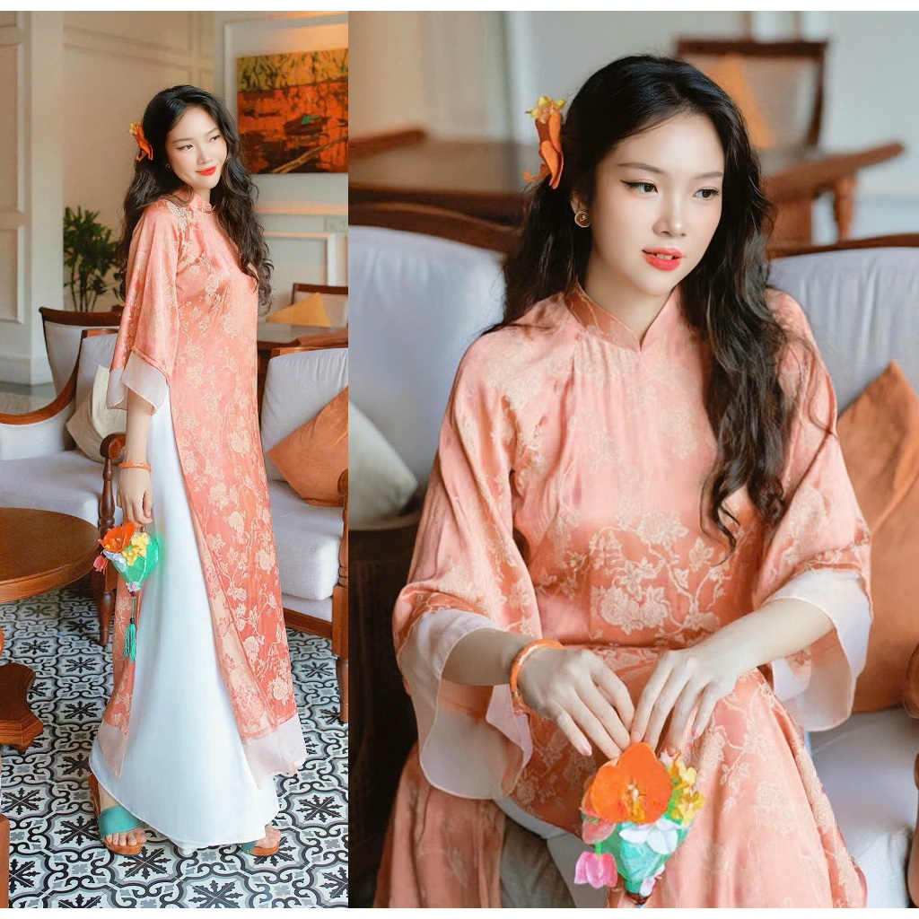 Áo Dài Cách Tân Gấm Thượng Uyển Màu Cam San Hô Phối Tay Voan Tơ Cao Cấp Set Áo Dài Nữ Dáng Suông Sang Chảnh T1516G