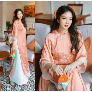 Áo Dài Cách Tân Gấm Thượng Uyển Màu Cam San Hô Phối Tay Voan Tơ Cao Cấp Set Áo Dài Nữ Dáng Suông Sang Chảnh T1516G