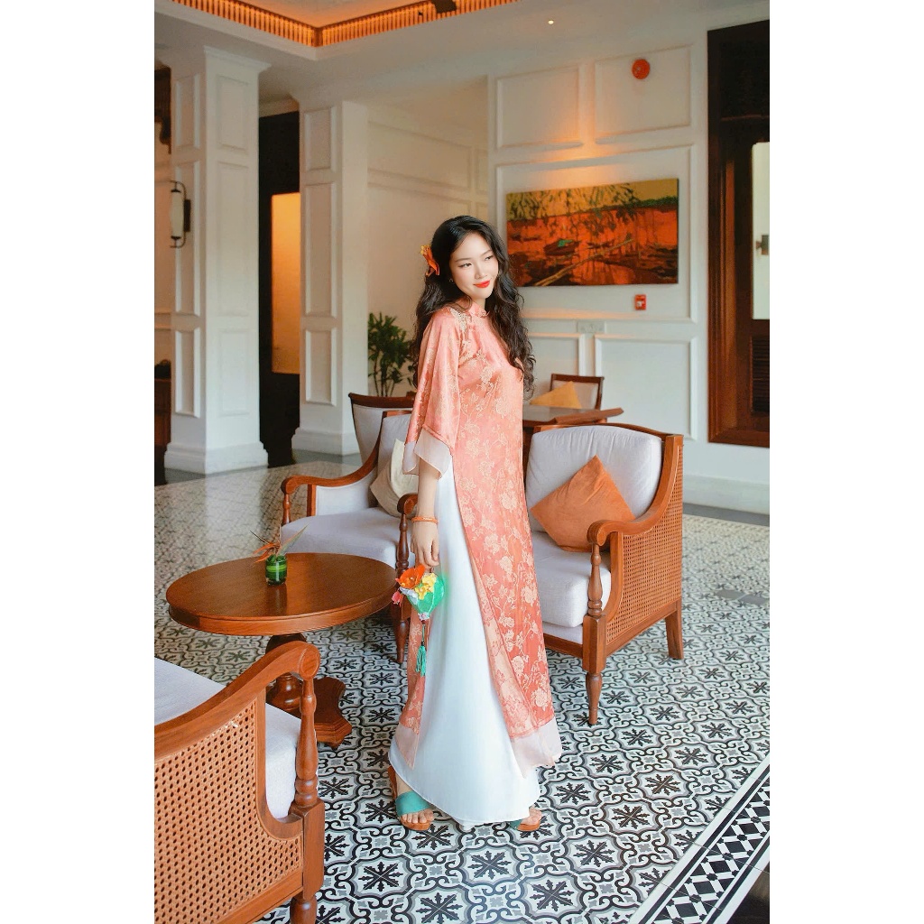 Áo Dài Cách Tân Gấm Thượng Uyển Màu Cam San Hô Phối Tay Voan Tơ Cao Cấp Set Áo Dài Nữ Dáng Suông Sang Chảnh T1516G