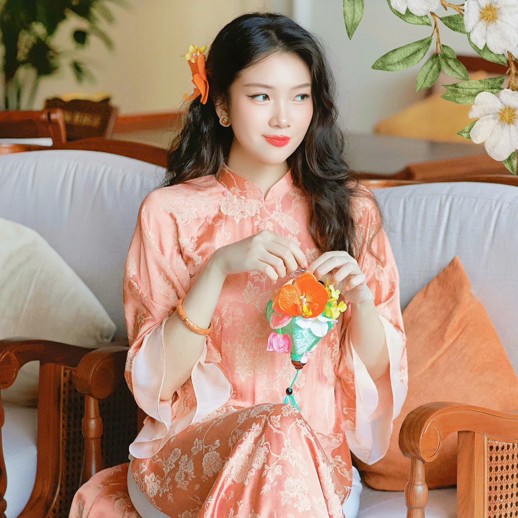 Áo Dài Cách Tân Gấm Thượng Uyển Màu Cam San Hô Phối Tay Voan Tơ Cao Cấp Set Áo Dài Nữ Dáng Suông Sang Chảnh T1516G