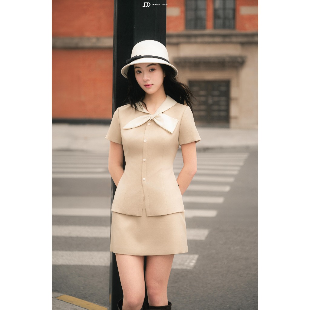 Set Áo Dáng Ôm Cổ Buộc Nơ 2T14.2601, Chân Váy Dáng A Ngắn 4S07.2601, Set Đồ Preppy, Công Sở Thanh Lịch Sang Trọng By JM