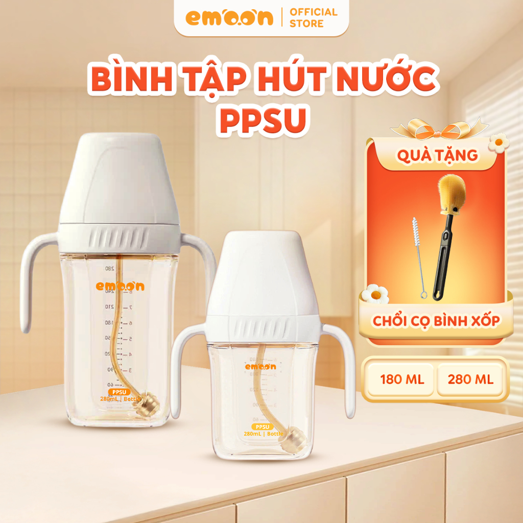 Bình tập uống nước cho bé Emoon chất liệu PPSU cao cấp, có van chống sặc cho bé theo từng giai đoạn