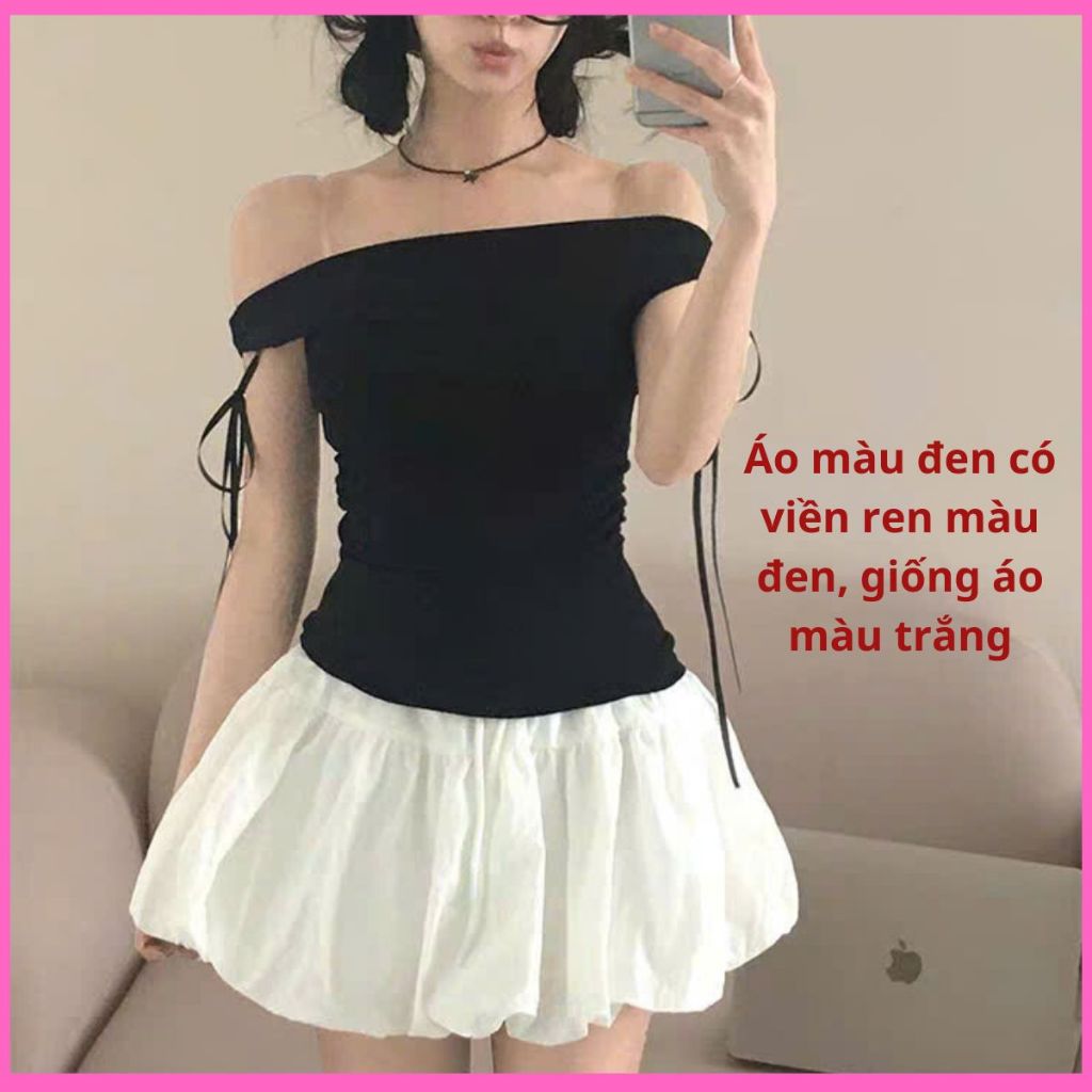 Áo Thun Trễ Vai Ngắn Tay Hai Lớp Ngực Viền Ren RANSHI Phối Nơ Ôm Dáng Tiểu Thư Chất Thun Cotton Mềm Mịn Co Dãn - RA355