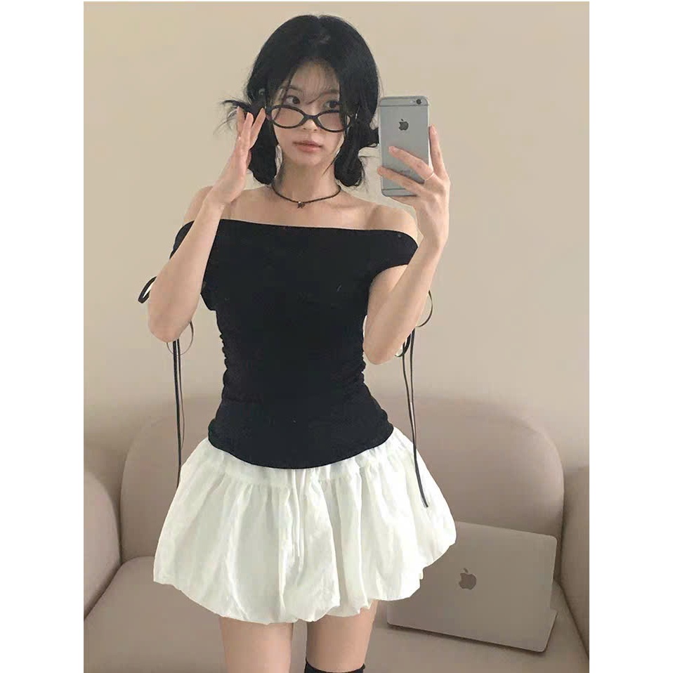 Áo Thun Trễ Vai Ngắn Tay Hai Lớp Ngực Viền Ren RANSHI Phối Nơ Ôm Dáng Tiểu Thư Chất Thun Cotton Mềm Mịn Co Dãn - RA355