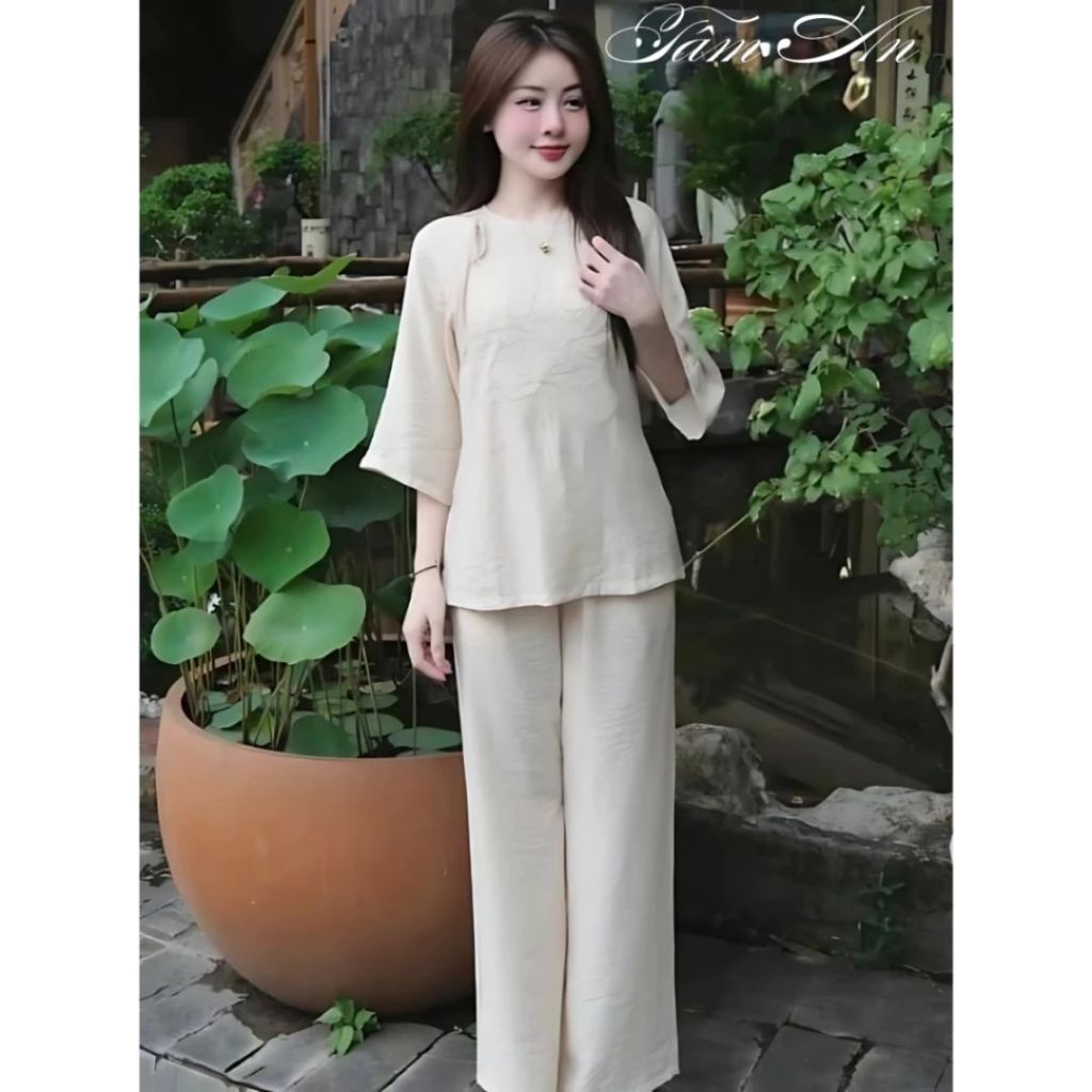 (Giá Xưởng) Bộ Đồ Lam Đi Chùa,Pháp Phục đi Lễ bộ bà ba chất Lụa Hàn cao cấp TA01-Nơ