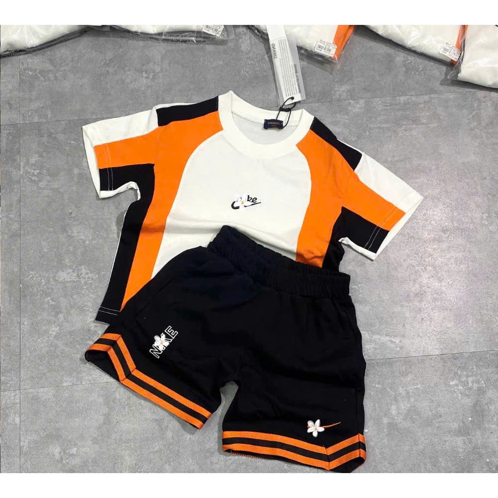 Bộ hè ngắn tay cho bé trai phối kẻ cam in lô gô hàng siêu đẹp-Bộ quần áo ngắn tay cho bé trai kẻ dọc hàng cao cấp