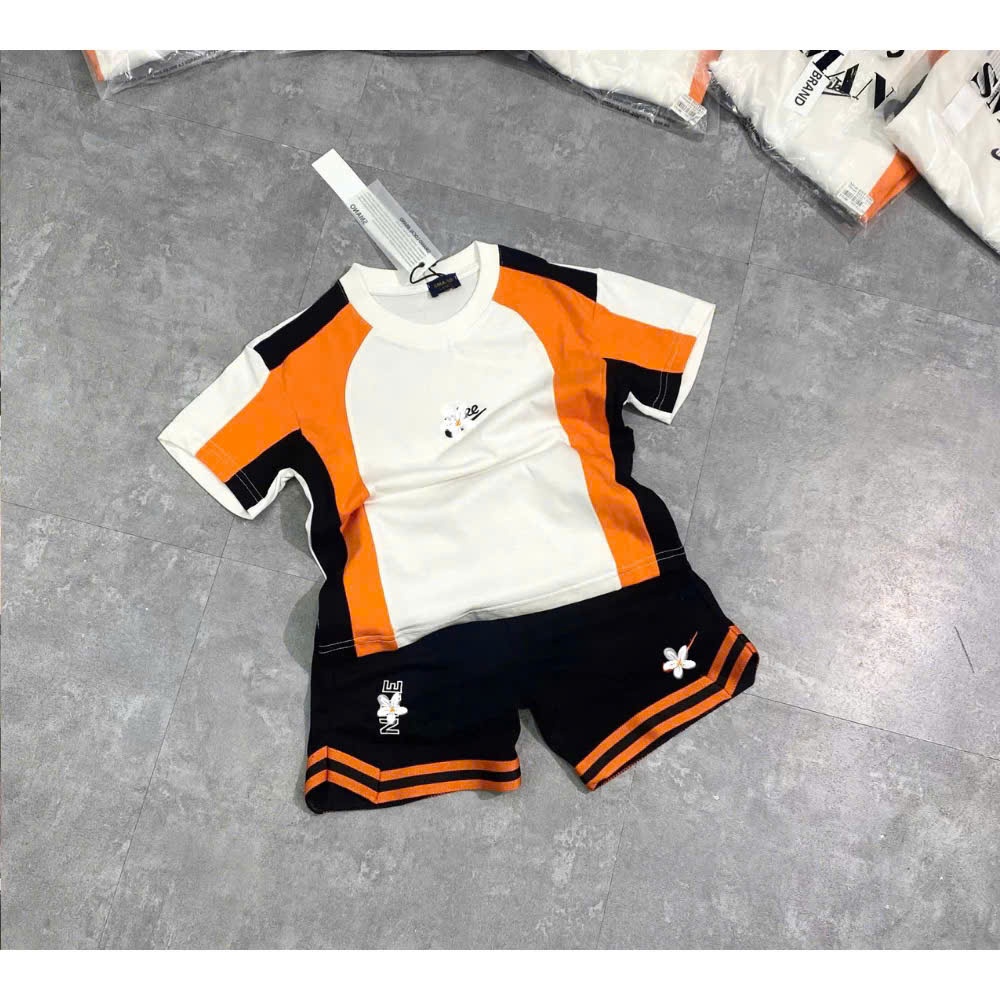 Bộ hè ngắn tay cho bé trai phối kẻ cam in lô gô hàng siêu đẹp-Bộ quần áo ngắn tay cho bé trai kẻ dọc hàng cao cấp