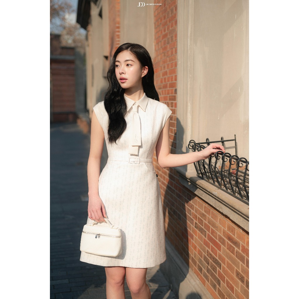 Đầm Xuân Hè Cổ Đức Tay Chờm Cổ Buộc Nơ 1S13.2601. Đầm Dáng A Monogram Thanh Lịch, Đầm Công Sở Phong Cách Preppy JM Dress