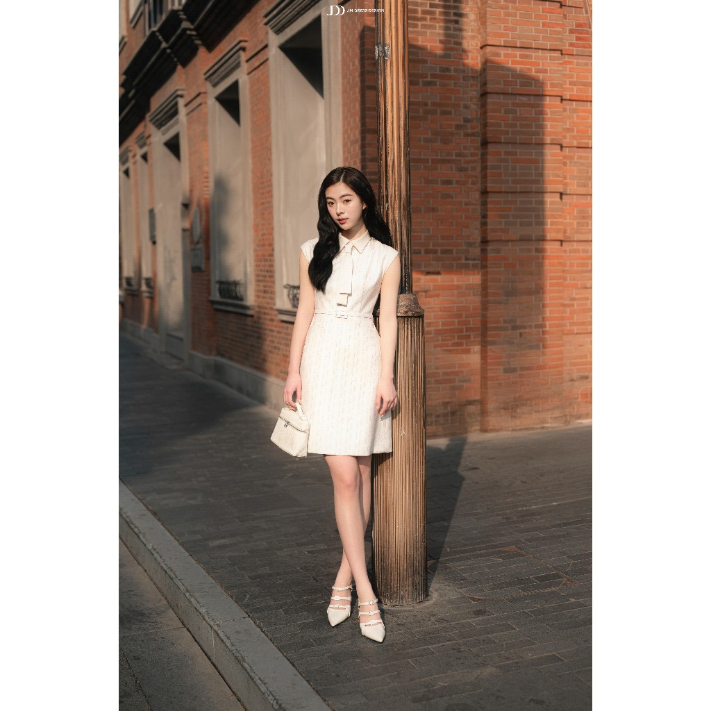 Đầm Xuân Hè Cổ Đức Tay Chờm Cổ Buộc Nơ 1S13.2601. Đầm Dáng A Monogram Thanh Lịch, Đầm Công Sở Phong Cách Preppy JM Dress