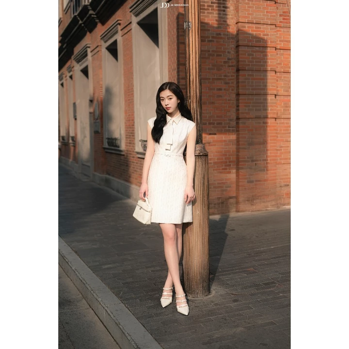 Đầm Xuân Hè Cổ Đức Tay Chờm Cổ Buộc Nơ 1S13.2601. Đầm Dáng A Monogram Thanh Lịch, Đầm Công Sở Phong Cách Preppy JM