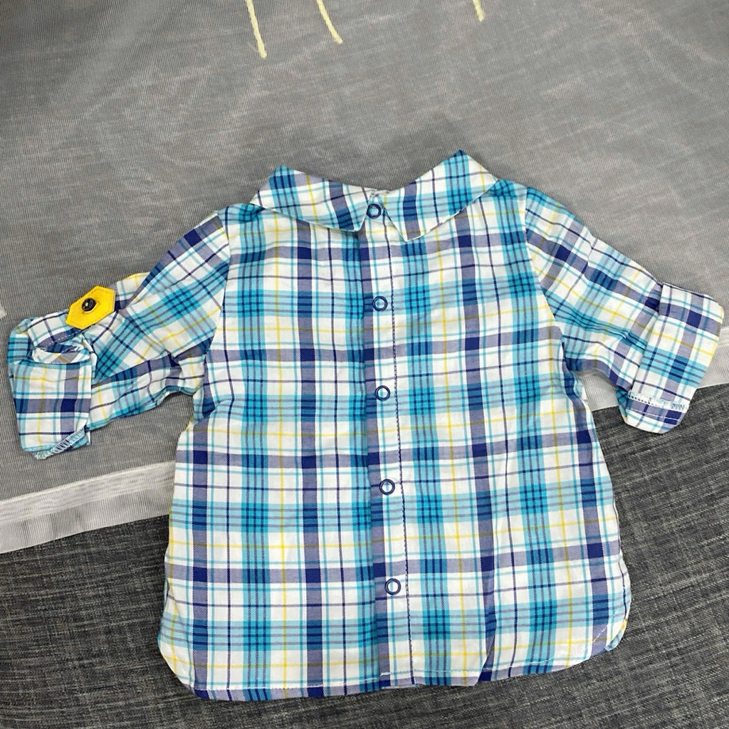 Áo Sơ Mi Kẻ Xanh Họa Tiết Chú Gấu Bé Trai Bé Gái C2537 3-18 Tháng (2-10kg) Hàng Xuất Dư Dễ Thương
