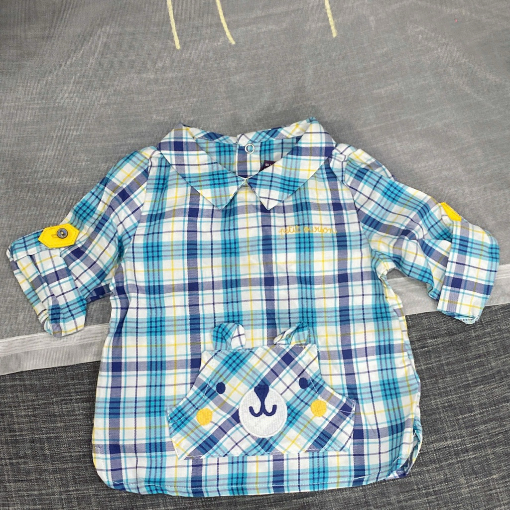 Áo Sơ Mi Kẻ Xanh Họa Tiết Chú Gấu Bé Trai Bé Gái C2537 3-18 Tháng (2-10kg) Hàng Xuất Dư Dễ Thương