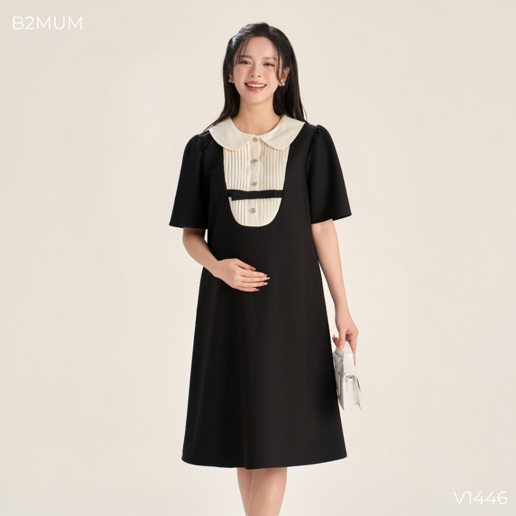 Đầm bầu suông chữ A phối cổ Peter Pan xếp ly thanh lịch – mặc đi làm, dự tiệc, che bụng - Aria Dress V1446 B2MUM