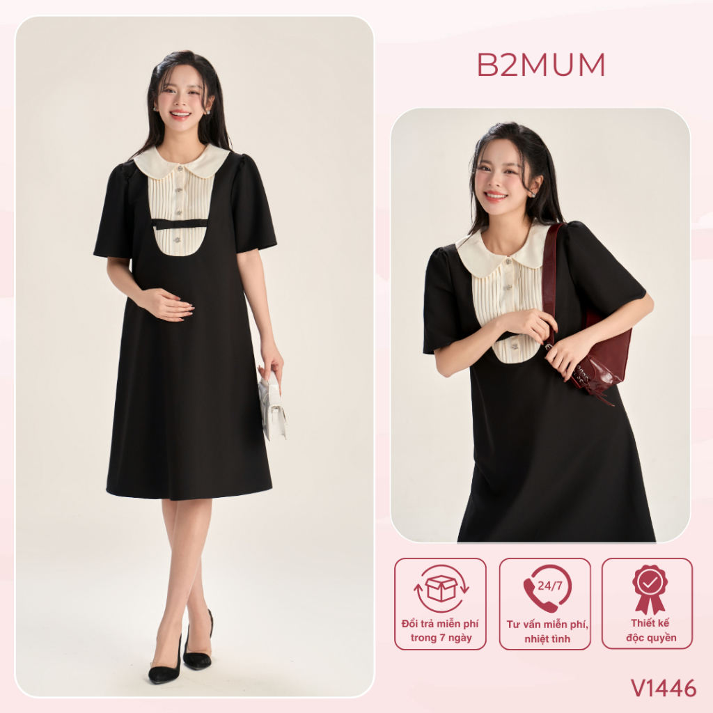 Đầm bầu suông chữ A phối cổ Peter Pan xếp ly thanh lịch – mặc đi làm, dự tiệc, che bụng - Aria Dress V1446 B2MUM