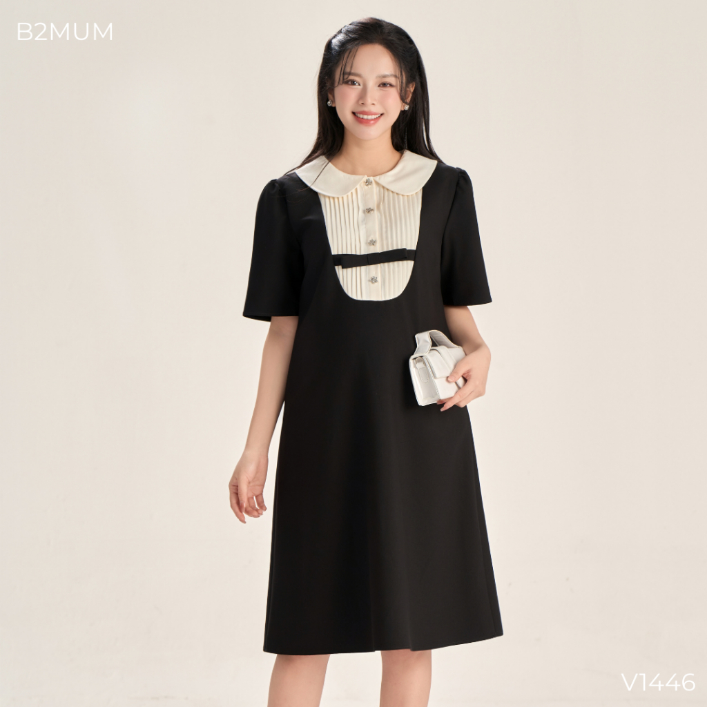 Đầm bầu suông chữ A phối cổ Peter Pan xếp ly thanh lịch – mặc đi làm, dự tiệc, che bụng - Aria Dress V1446 B2MUM