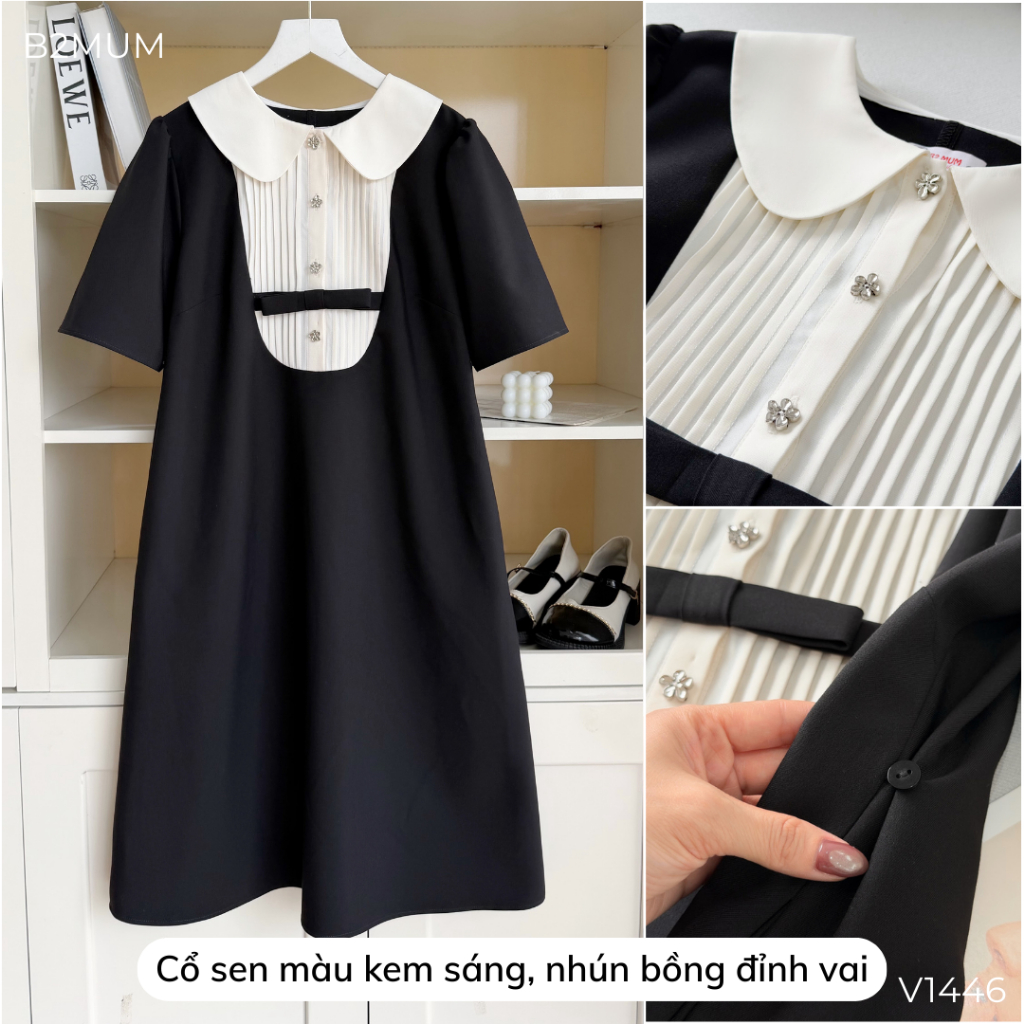 Đầm bầu suông chữ A phối cổ Peter Pan xếp ly thanh lịch – mặc đi làm, dự tiệc, che bụng - Aria Dress V1446 B2MUM