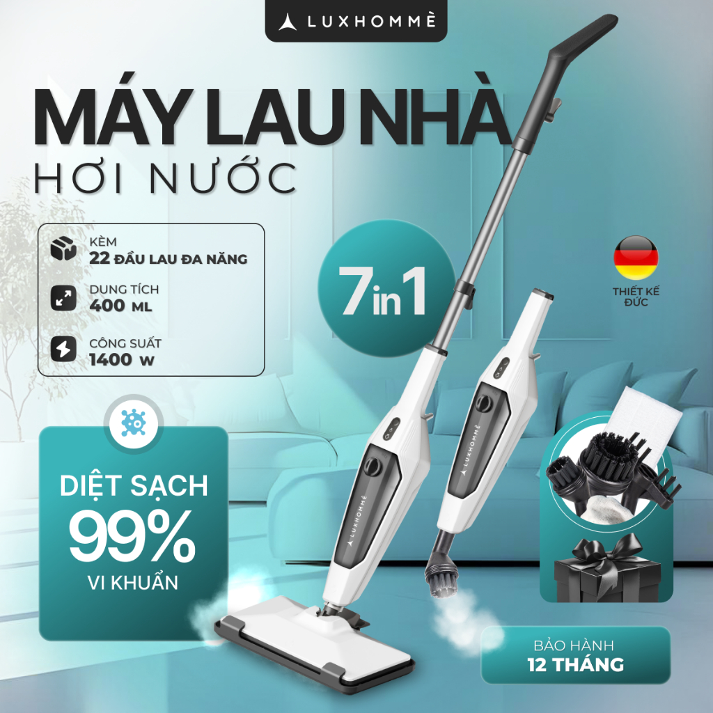 Máy Lau Nhà Hơi Nước LUXHOMME EcoSteam Pro | Hơi Nước 120°C | Diệt Khuẩn 99.9% | 1400W | BH 12 TH