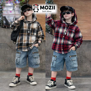 Áo Chống Nắng Dạ Kẻ Trẻ Em MOZII Cho Bé Trai bé Gái Thiết Kế Chất Liệu Mịn Dày Vừa Có Mũ Liền Thân Cúc Bấm Bền Chắc