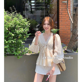 [ẢNH THẬT] ÁO TƠ CỔ V PHỐI REN THẮT ĐAI NƠ ATCVPR
