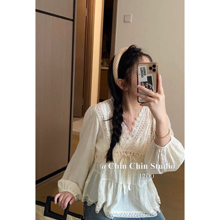 [ẢNH THẬT] ÁO TƠ CỔ V PHỐI REN THẮT ĐAI NƠ ATCVPR